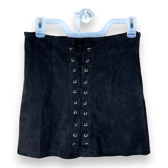 SMALL SEEK THE LABEL BLACK FAUX SUEDE MINI SKIRT STRETCH GOTH FALL CORSET FRONT - Picture 1 of 7